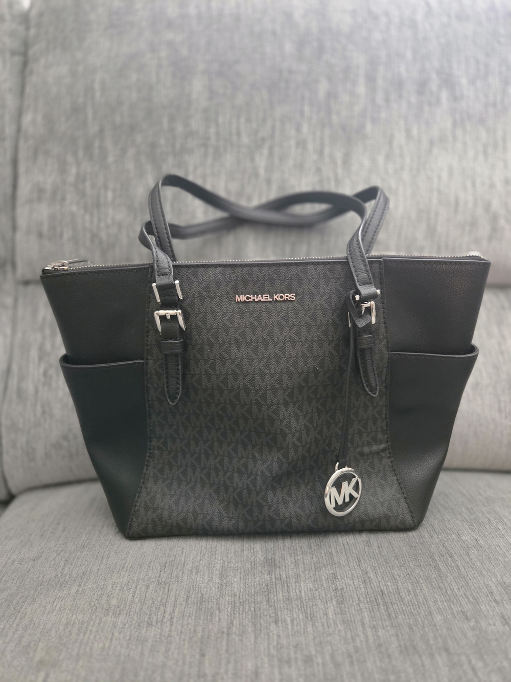 Michael Kors Black MK Monogram Tote with Silver Charm